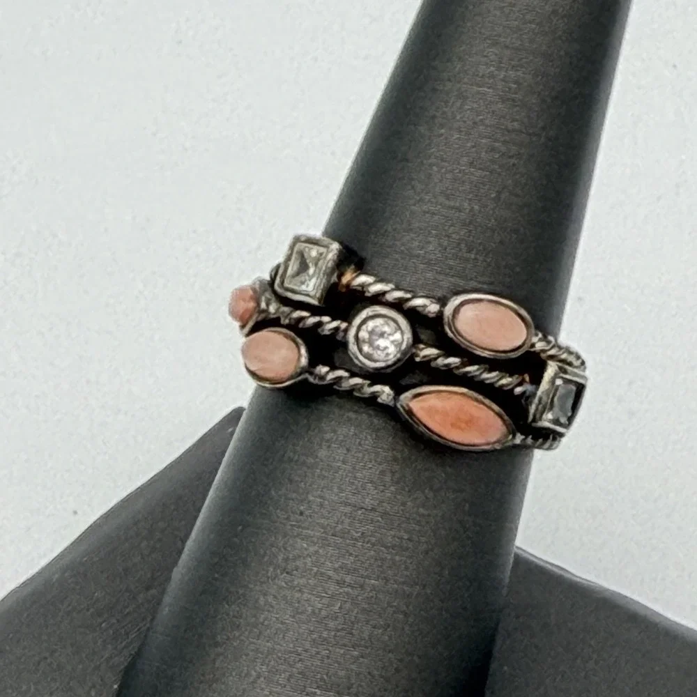 Vintage ESPO Joseph Esposito Sterling Silver 925 Coral Gemstone Ring CZ Sz 7‎
